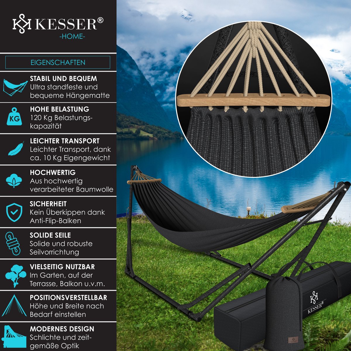 KESSER® Hangmat Vill 120kg Draagvermogen voor Binnen & Buiten met Frame Metaal Opvouwbaar - Antraciet