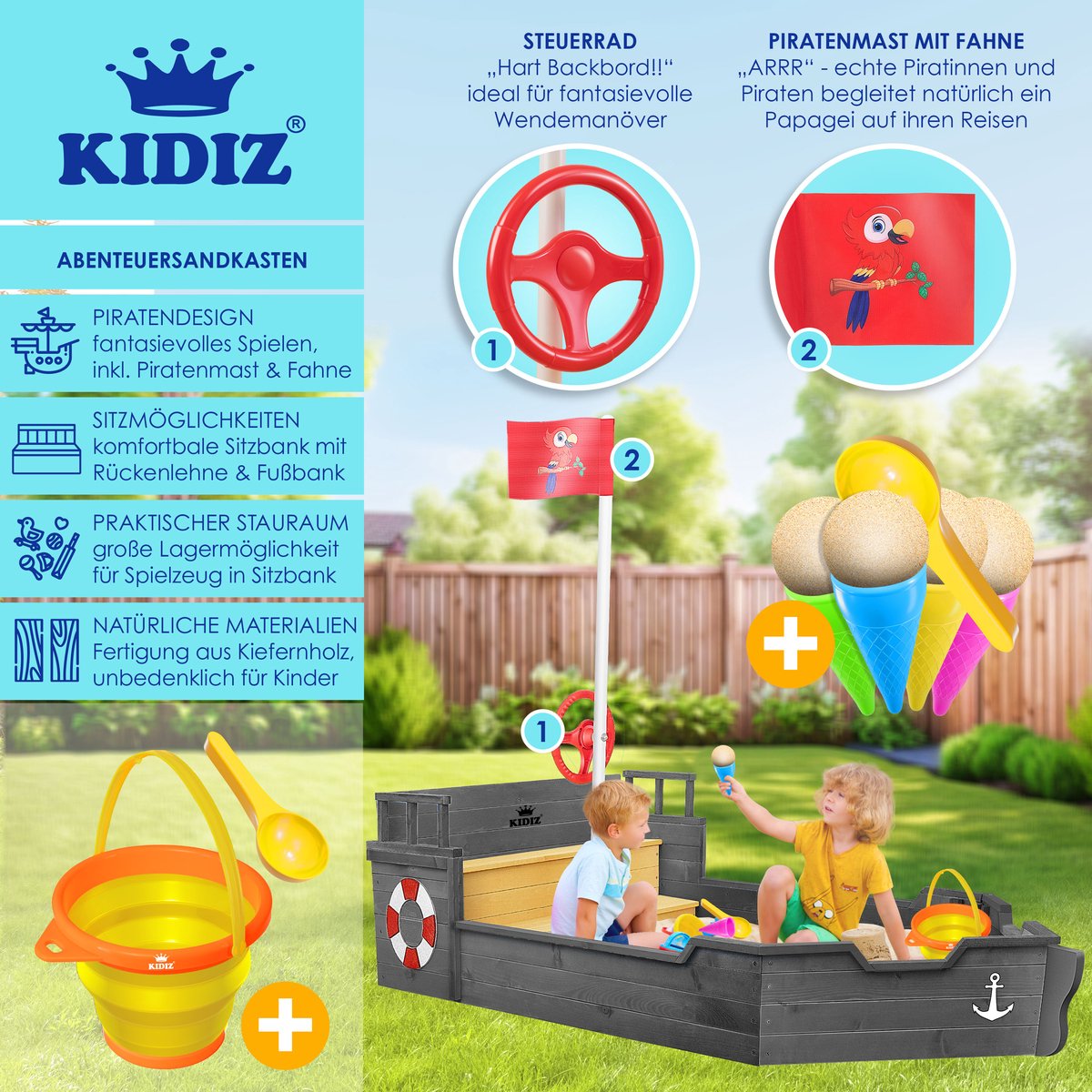 KIDIZ® Zandbak piratendesign - Met bankje - Antraciet