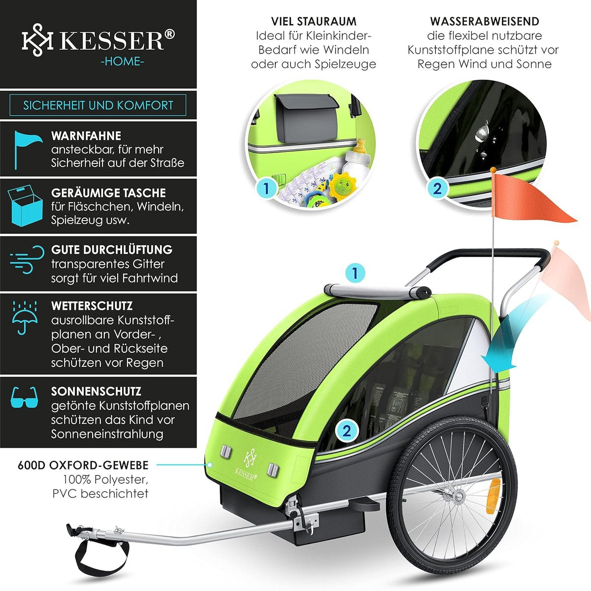 KESSER® Fietsaanhanger - Kinderaanhanger - Max. 40kg - Groen •