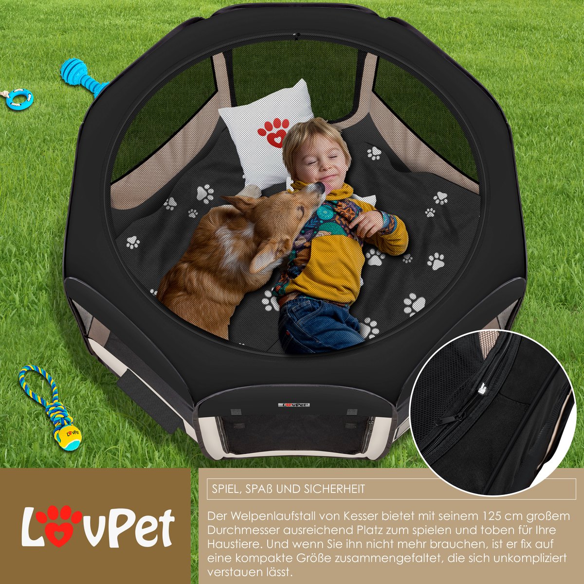 LOVPET® Puppyren voor Kleine Dieren Honden Katten - Opvouwbaar Hondenren inclusief kom en Haringen - Puppy Ren Pop-up Systeem Indoor & Outdoor Konijnenren - Beige