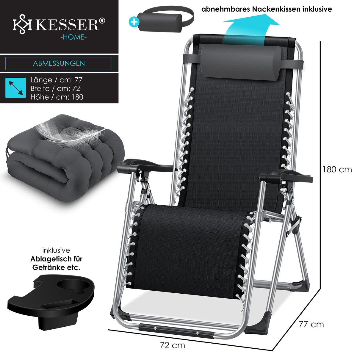KESSER® Ligstoel - Opvouwbaar - Tuinstoel - Verstelbaar - Antraciet