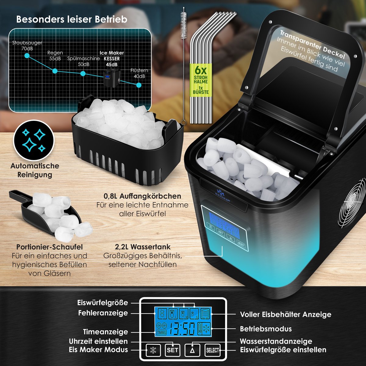 KESSER® Ijsblokjesmaker - Ijsblokjesmachine -12kg/24 uur - RVS - Zwart •