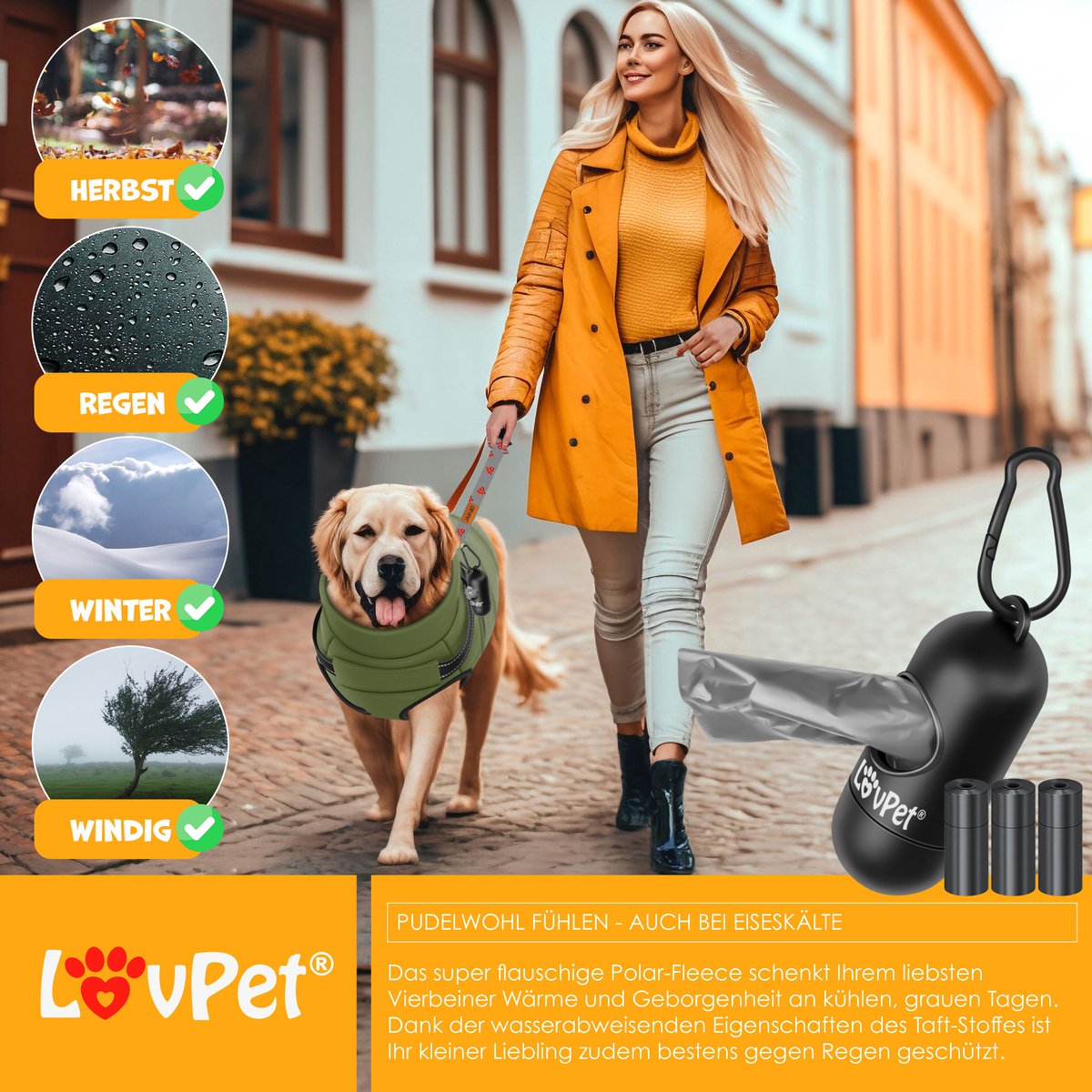 LOVPET® Hondenjas Hondenvacht met Harnas Waterafstotend, incl. 45 Stuks Poepzak + Dispenser, Winter Vest Hond Waterdicht Gevoerd, Gewatteerd Vest Met Borstband, Reflectoren, D-Ring - Khaki / L
