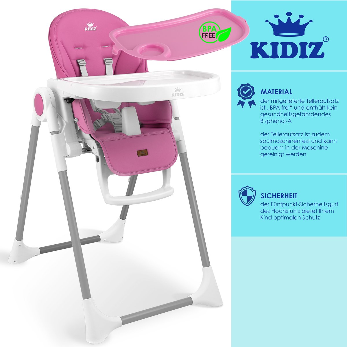 KIDIZ® 3in1 kinderstoel incl. speelbar, Eetstoel, Babystoel, combinatie kinderstoel, 7 in hoogte verstelbare rugleuning, meegroei van 0 maanden tot 6 jaar - Roze