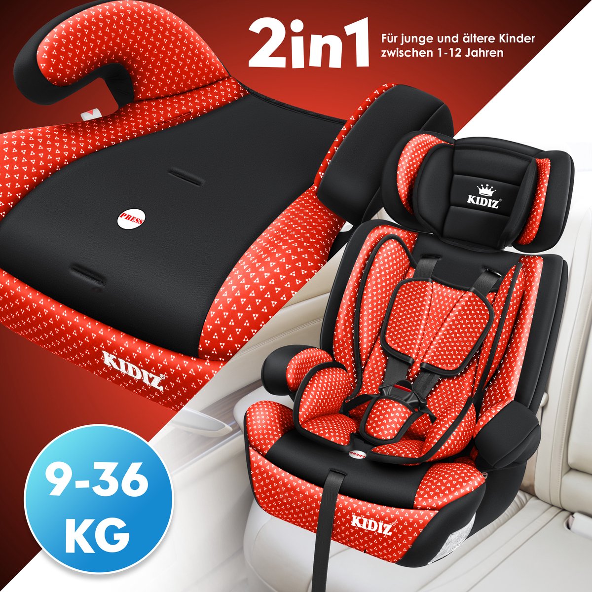 KIDIZ® Autostoeltje - 5-punts veiligheidsgordel - Rood