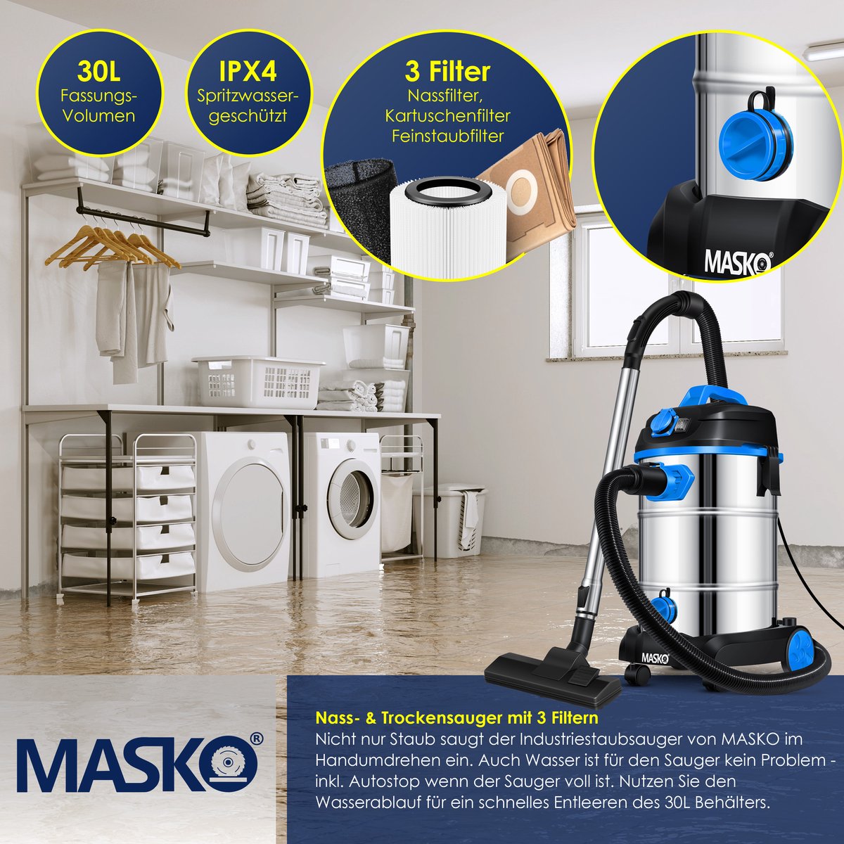 MASKO® Industriële stofzuiger 1800W - Droog- & Natzuigen - Blauw