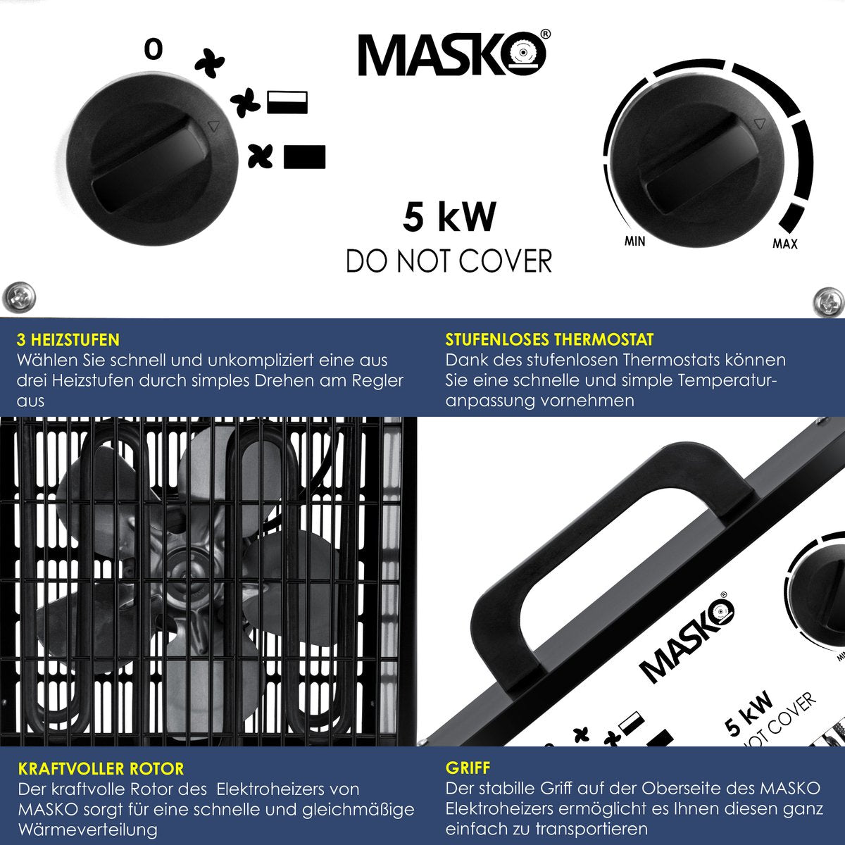 MASKO® Bouwkachel 5kW - Ventilatorkachel voor Binnen- en Buiten Elektrische Kachel Keramische Werkplaatskachel Electrische Verwarming 5000 Watt - Wit