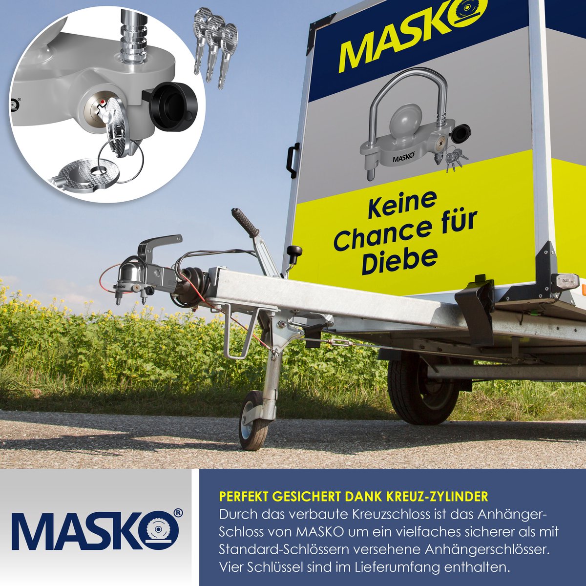 MASKO® Disselslot - Koppelingsslot - Aanhangwagenslot - Grijs