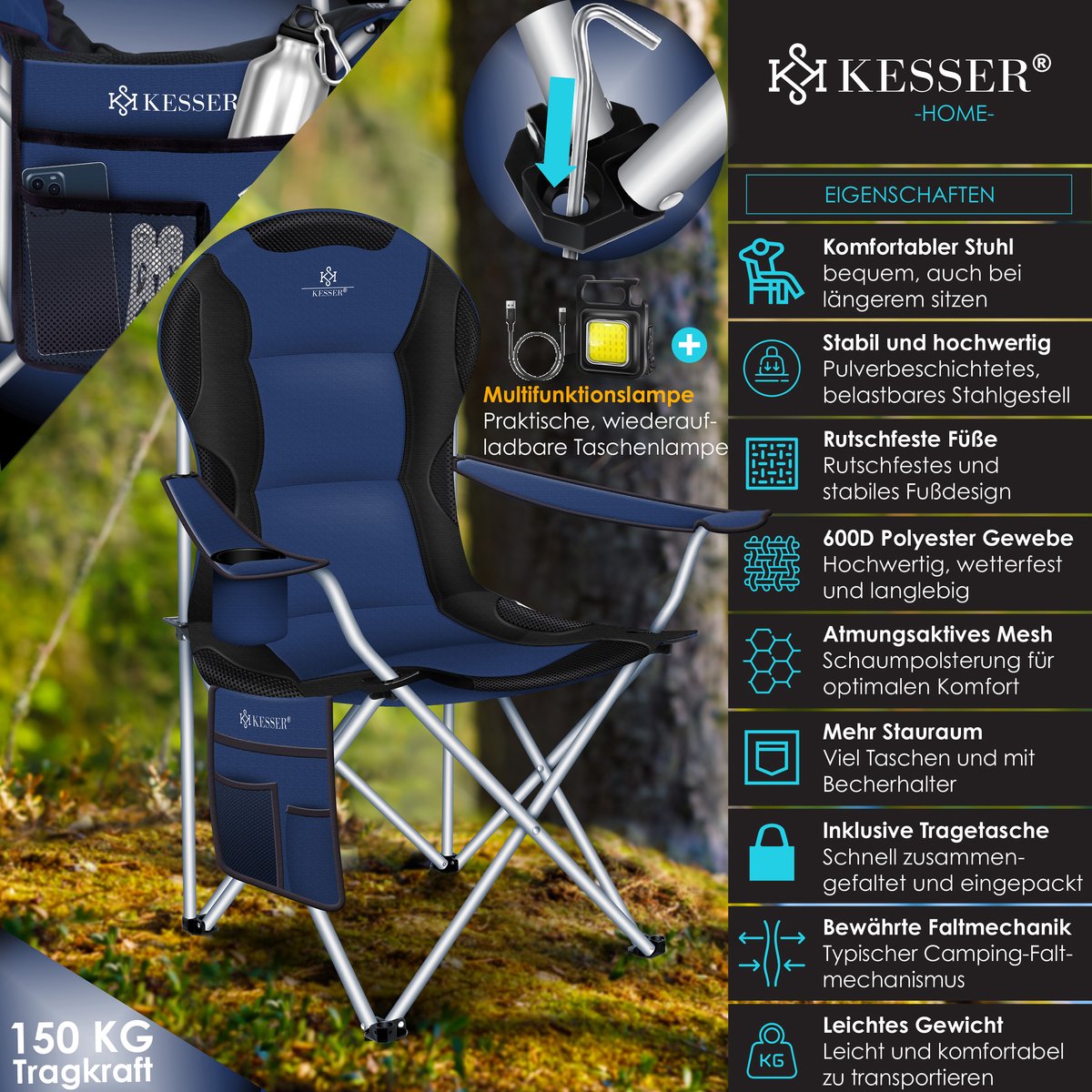 KESSER® Campingstoel - Visstoel - Vouwstoel - Marineblauw