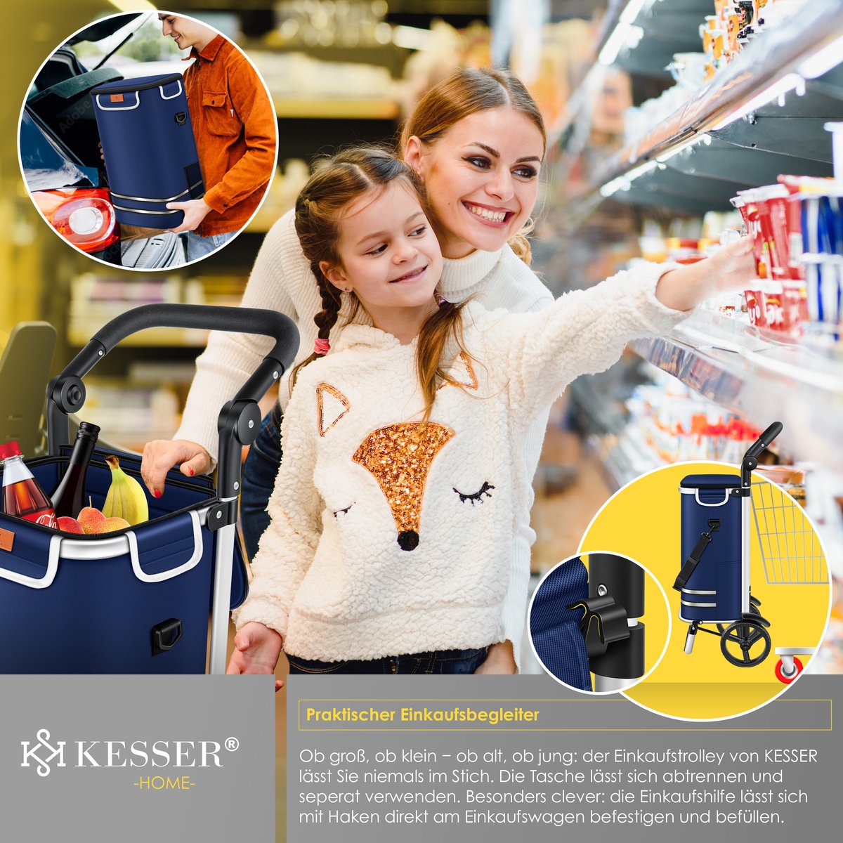 KESSER® Boodschappentrolley - Boodschappenwagen - 56L - tot 50kg  - Marineblauw