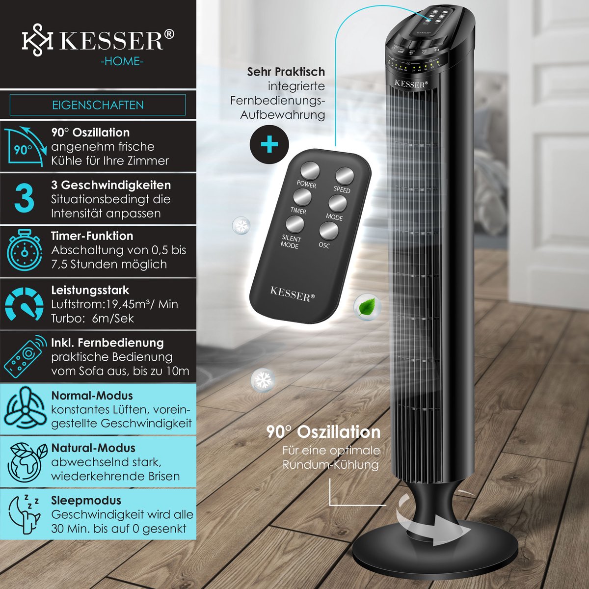 KESSER® Torenventilator - Fluisterstil - Oscillatie - Zwart •
