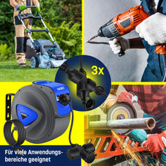 MASKO® Kabelhaspel 20 meter automatisch voor buiten met 3 stopcontacten Wandmontage 1,5m Aansluitkabel Inclusief Handschoenen - Blauw