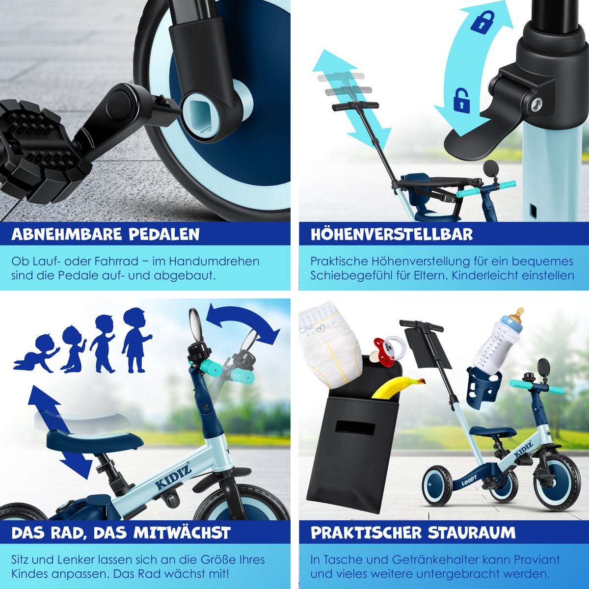 KIDIZ® Loopfiets 6in1 - Driewieler - Kinderfiets - 1-5 Jaar - Blauw