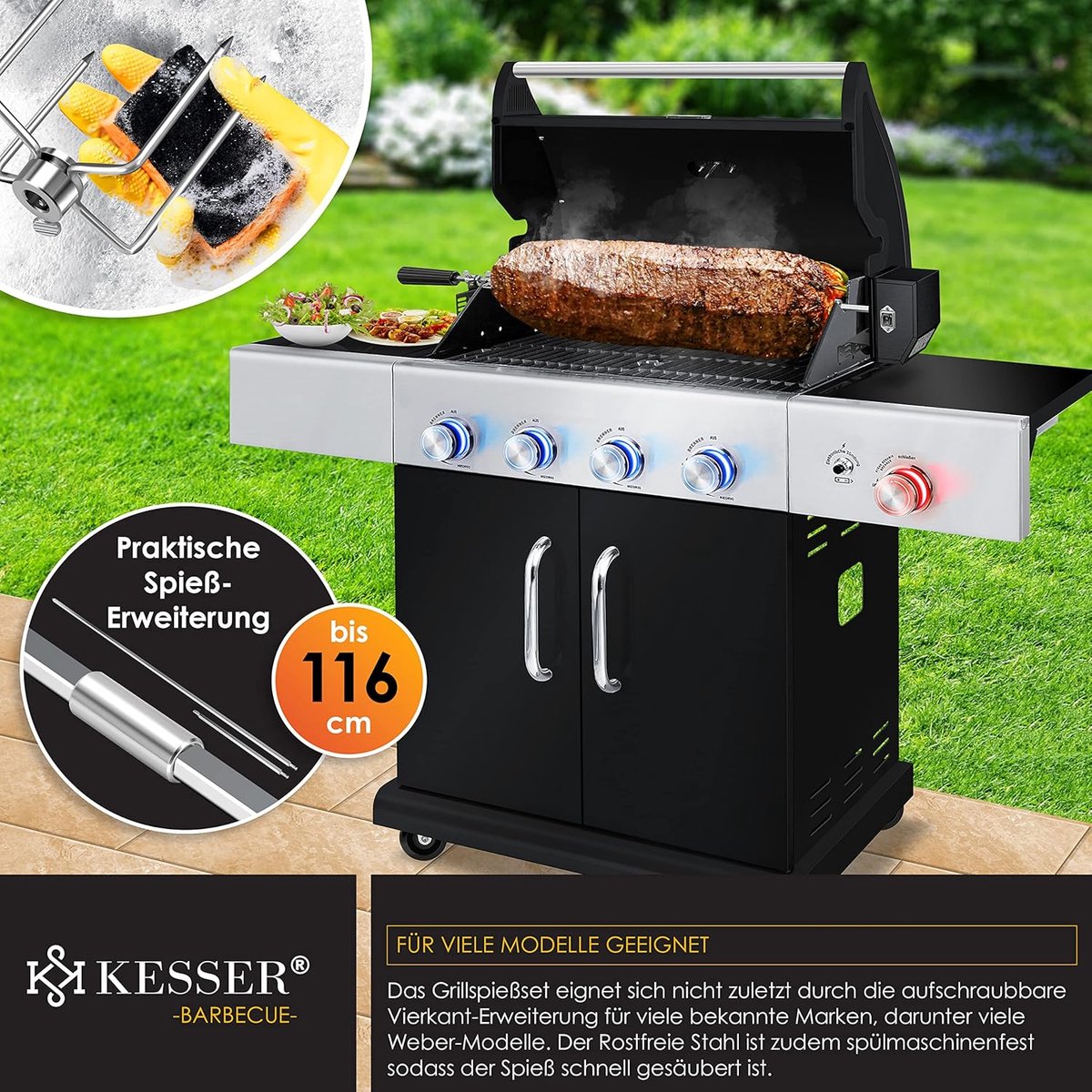 KESSER® RVS Rotisserie - 107cm -  Elektrische draaispit - Zwart