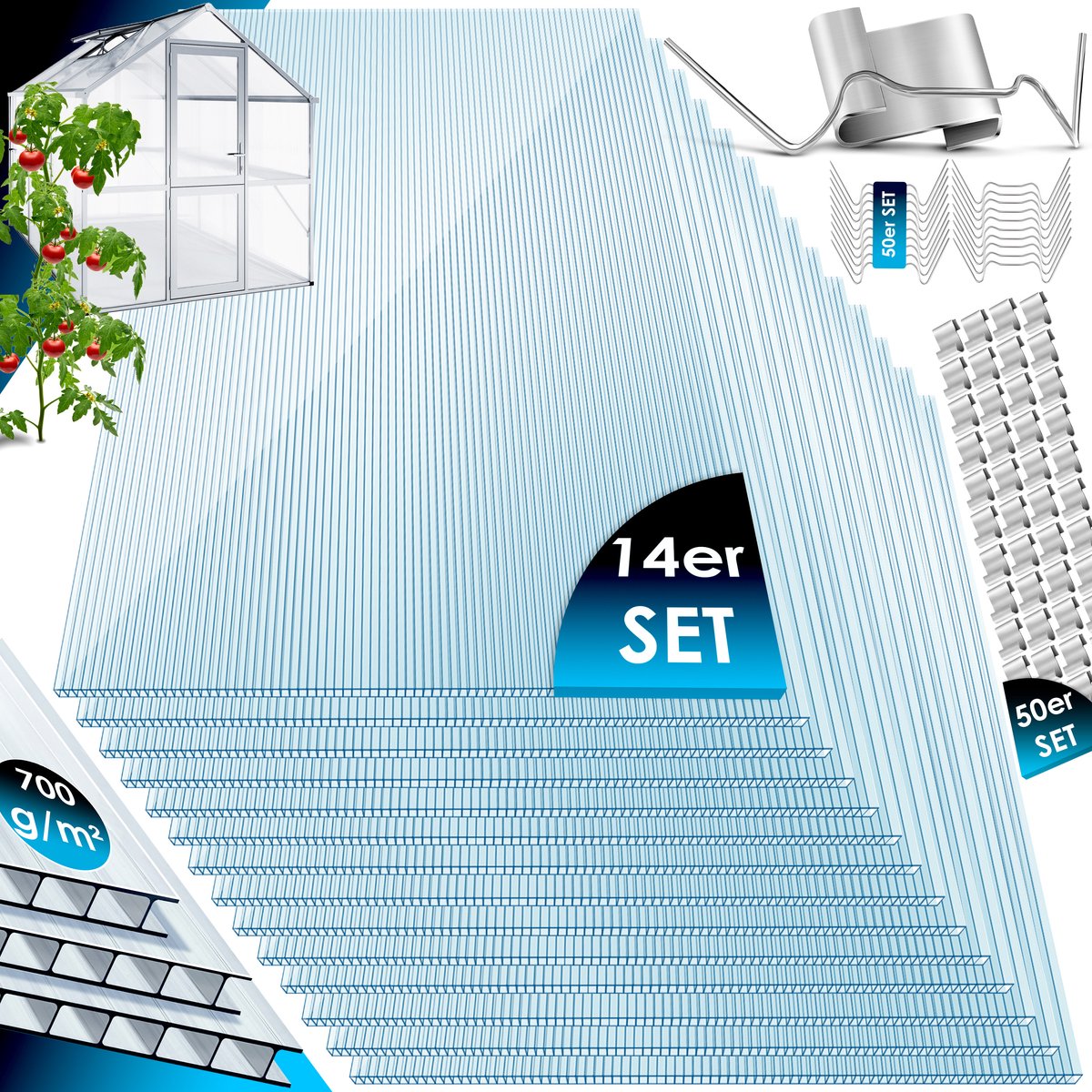 KESSER® 14x Polycarbonaat Dakplaten - Broeikas Platen - 150x70 cm - Doorzichtig