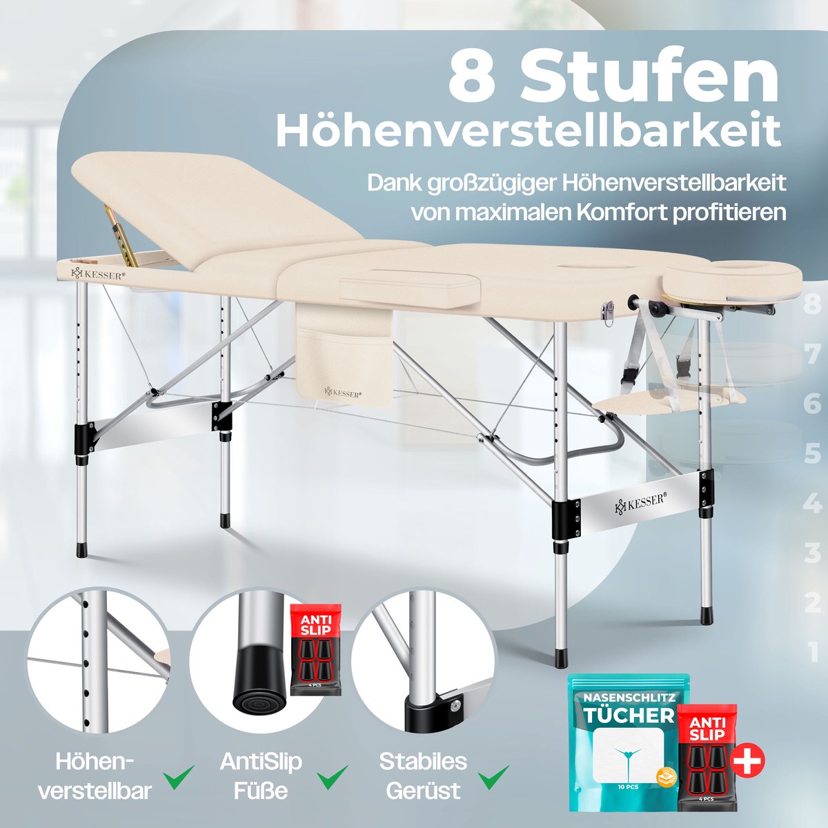 KESSER® Massagetafel inklapbaar 180x61x90cm | Behandeltafel 225kg Draagvermogen & In Hoogte Verstelbaar | Mobiele Massagebank 3-Zone | Aluminium Massagebed met Hoofdsteunen Armsteunen & opbergtas - Beige