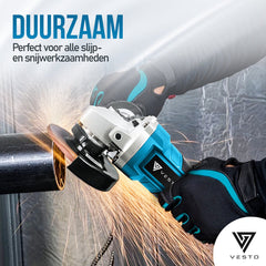Vesto® Haakse Slijper - Draadloze Slijptol - Elektrische Slijpmachine - Incl. 3x Slijpschijf & 2x Accu - Ø125MM