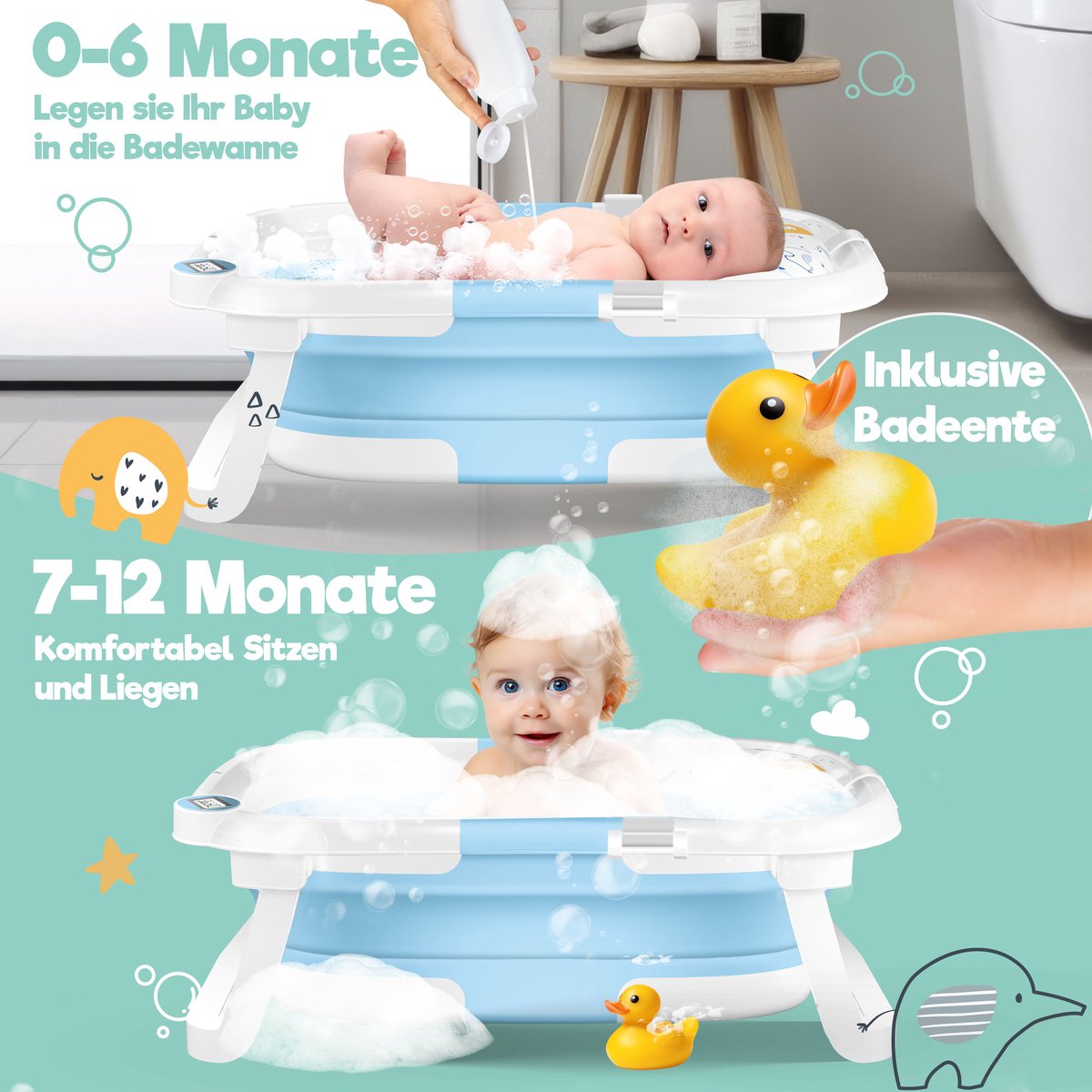 KIDIZ® Babybadje Opvouwbaar met Thermometer - 0-12 Maanden - Blauw