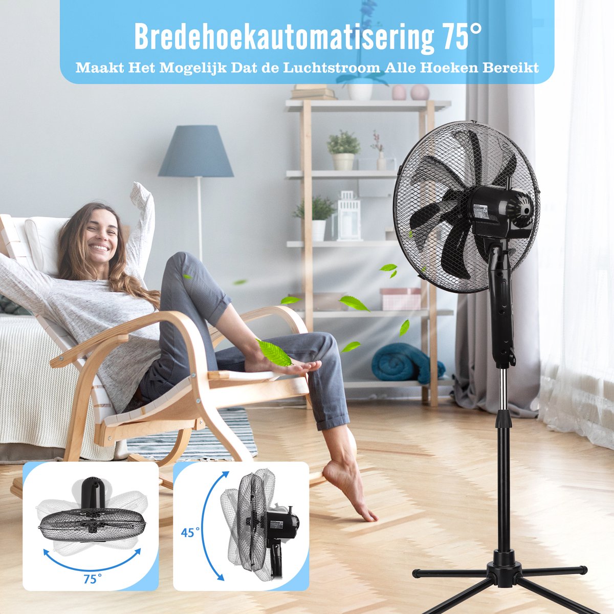 Aigostar Statiefventilator - Ventilator Staand - Verstelbaar - 50W - Zwart •