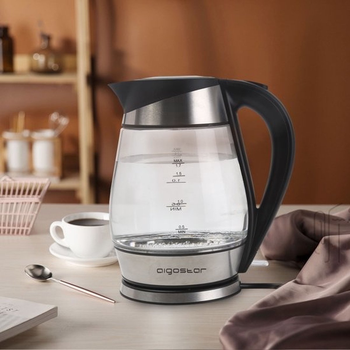 Aigostar Glazen LED Waterkoker - Retro - 1,7L - 2200W - RVS