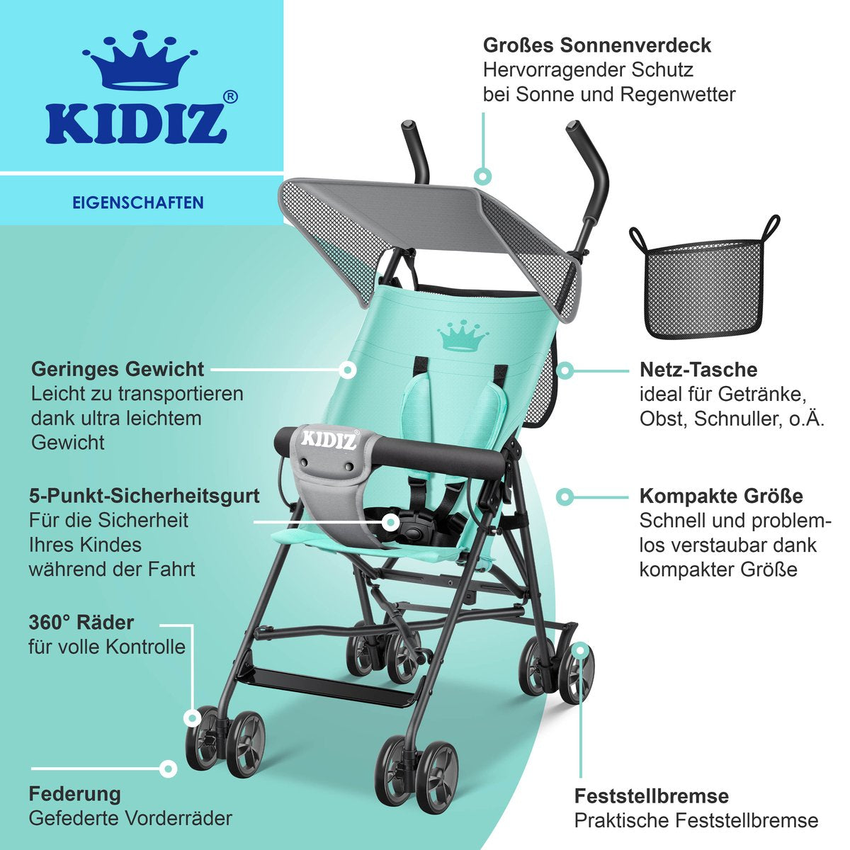 KIDIZ® Kinderwagen - Wandelwagen - Kinderbuggy - Mintgroen