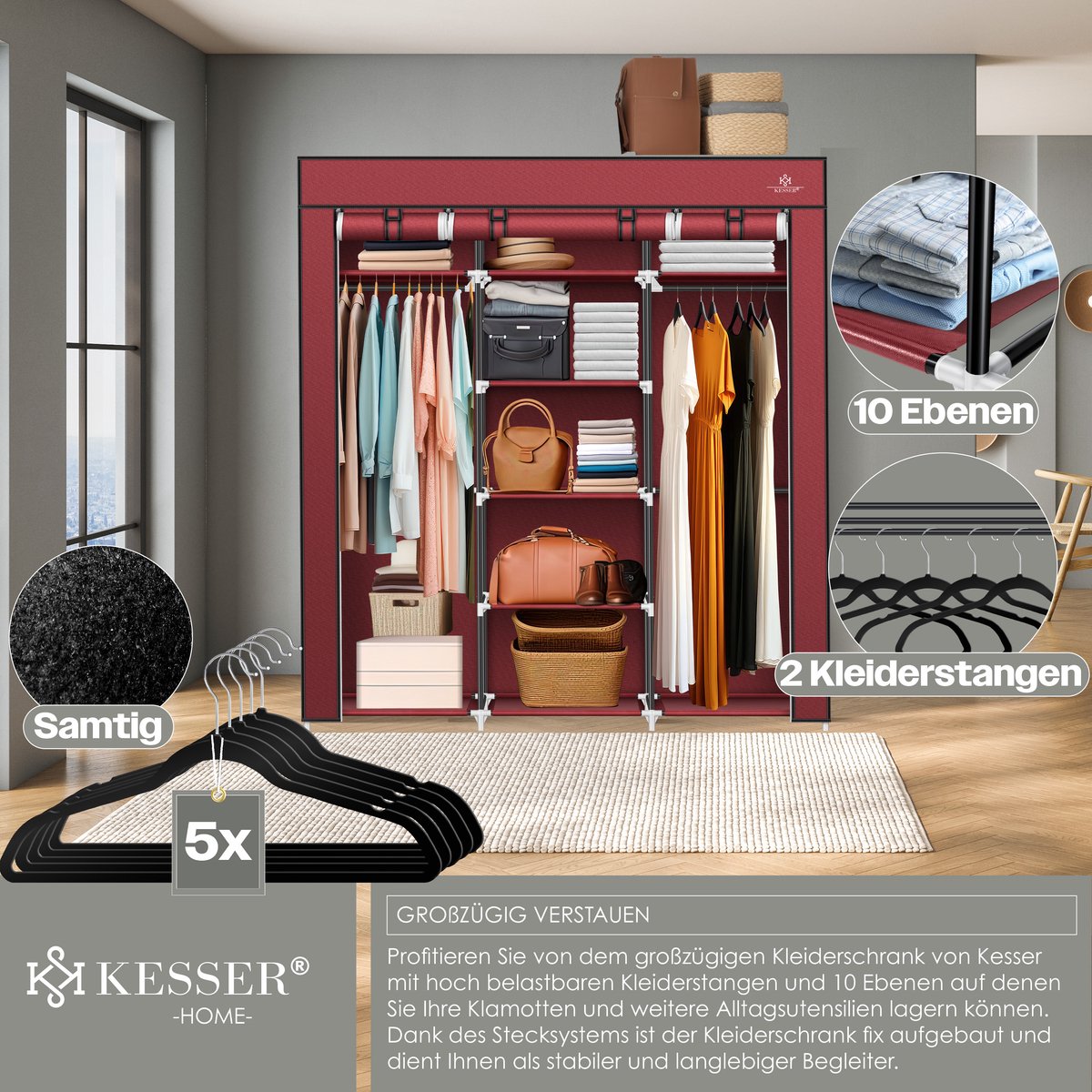 KESSER® Kledingkast in Stof en Metaal 150x45x175cm - opvouwbaare Garderobekast Stabiel met Kledingstang & Planken, Inclusief 5x Kledinghangers Kleerkast - Legplank Kast voor Slaapkamer met Kledingrek - Bordeux