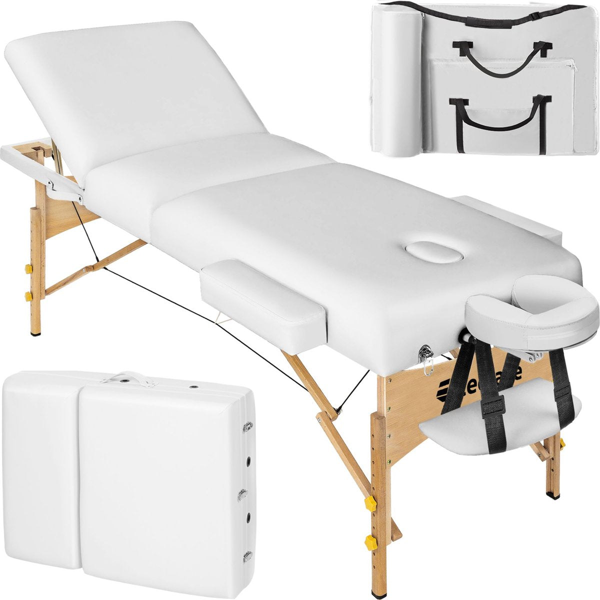 tectake® 3-zone massagetafel - Draagvermogen 250 kg - Mobiele massagebank - Houten frame - Behandeltafel - Inclusief draagtas, hoofdsteun en armleuning - Dikte matras 7,5 cm - In hoogte verstelbaar - Afmeting (LxBxH) 218x102x65 - 90 cm - Wit