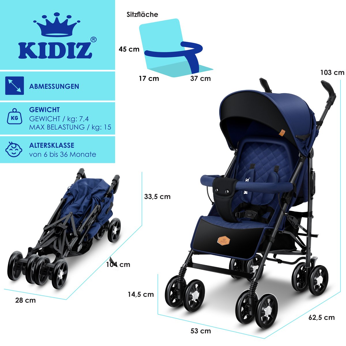 KIDIZ® Kinderwagen / Wandelwagen City-Pro Buggy Kinderbuggy Opvouwbaar Liggende wandelwagen Kinderwagen Opvouwbaar 360° 6-inch wielen Incl. muggennet, voetenzak en regenhoes Opvouwbaar Slaapfunctie - Marineblauw / Zwart