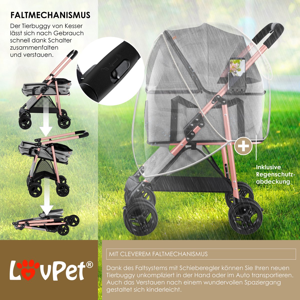 LOVPET® Hondenbuggy 2in1 Huisdieren - Wandelwagen - Lichtgrijs