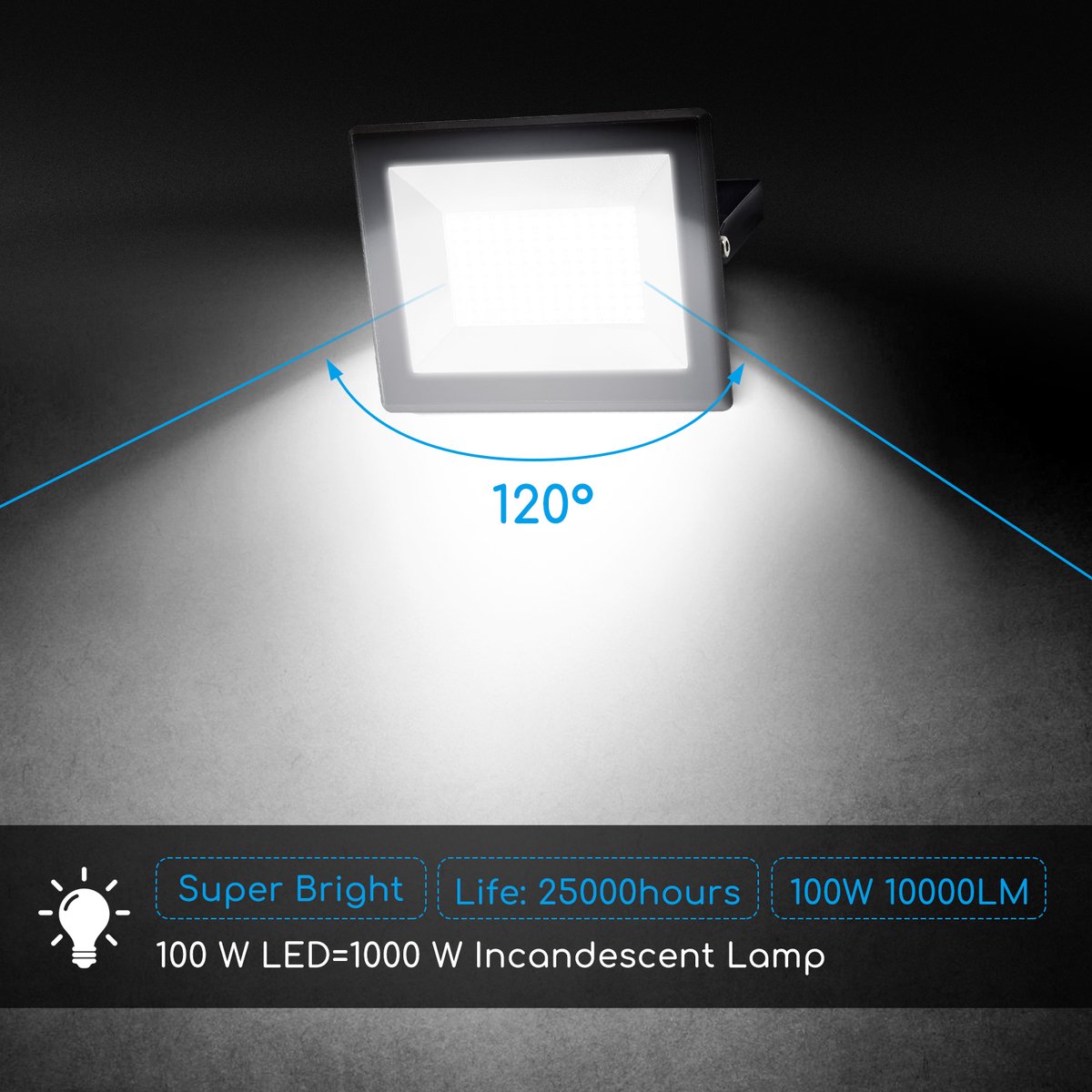 Aigostar 10CFS - LED Schijnwerper - Bouwlamp - Wandlamp - Buitenverlichting - 100W - 6400K - IP65 - Zwart