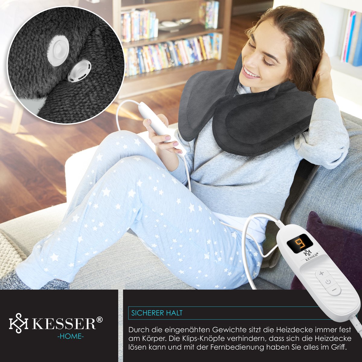 KESSER® Warmtekussen voor Rug, Nek en Schouders - Elektrische Verwarmingskussen met Afstandsbediening, Automatische Uitschakeling, 9 Warmte Standen, 89x65cm - Antraciet