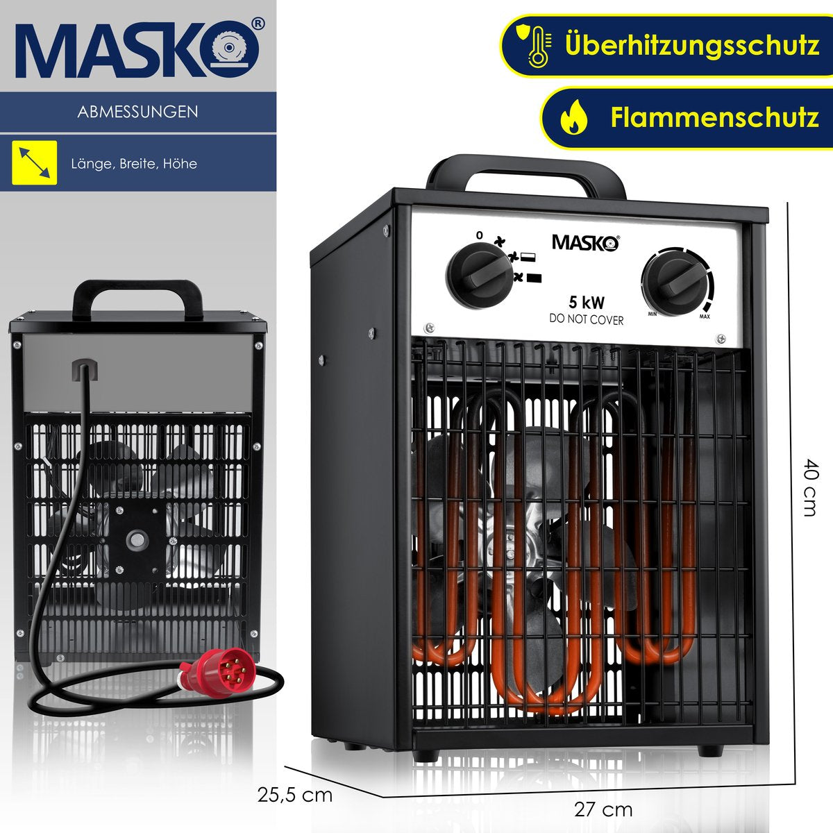 MASKO® Bouwkachel 5kW - Ventilatorkachel voor Binnen- en Buiten Elektrische Kachel Keramische Werkplaatskachel Electrische Verwarming 5000 Watt - Wit