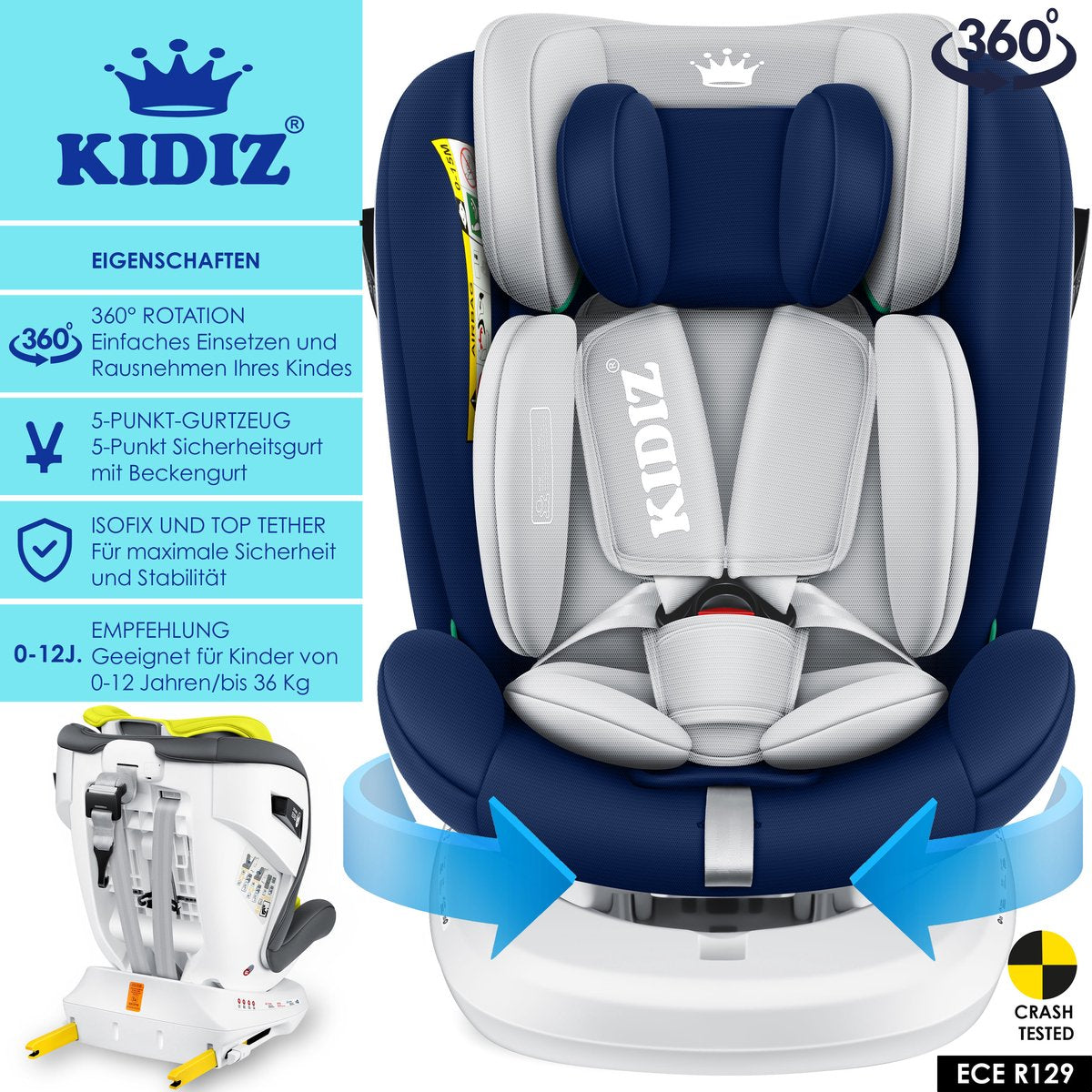 KIDIZ® Autostoeltje Isofix - 360° draaibaar - Blauw