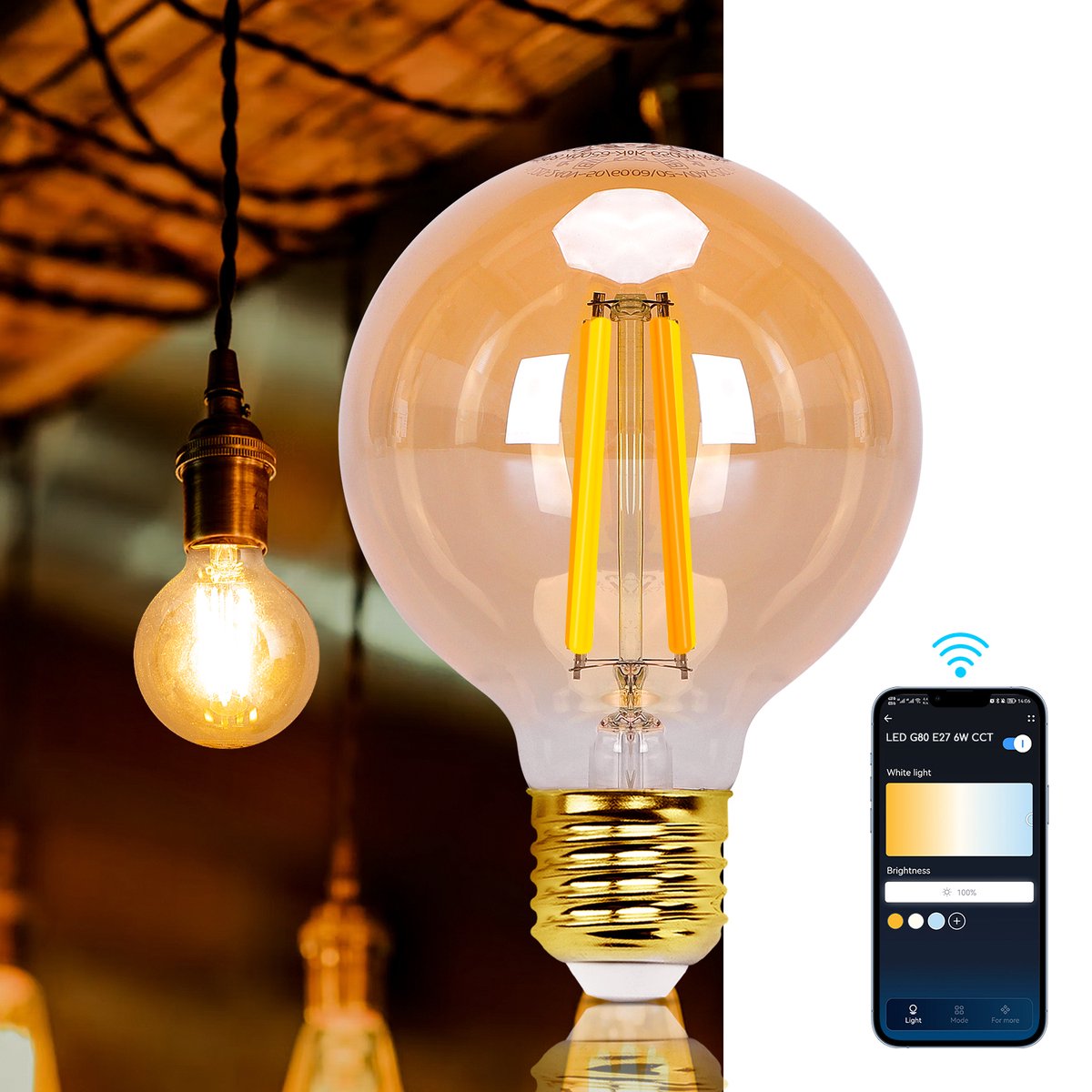 Aigostar 10YHY - LED Lampen E27 Dimbaar - Smart Filament Licht - Vintage Filament Lamp in Bolvorm - WiFi - Bluetooth - Appbesturing - 6W - 2700K-6500K