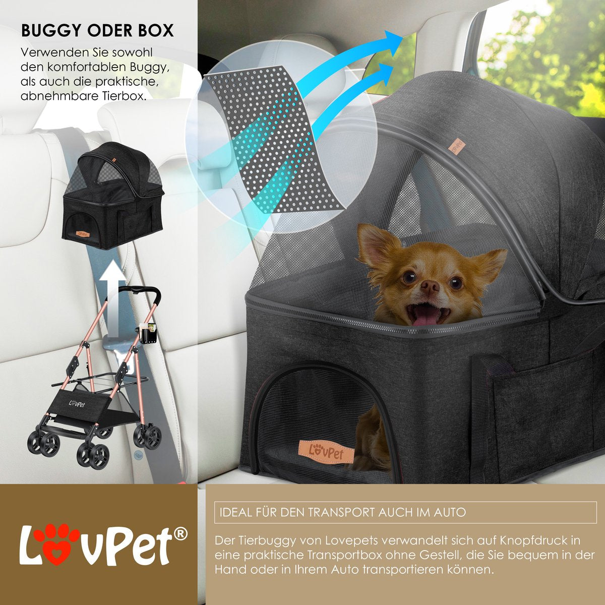 LOVPET® Hondenbuggy 2in1 Huisdieren - Wandelwagen - Zwart