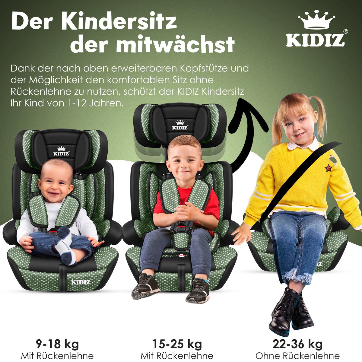 KIDIZ® Autostoeltje - 5-punts veiligheidsgordel - Groen