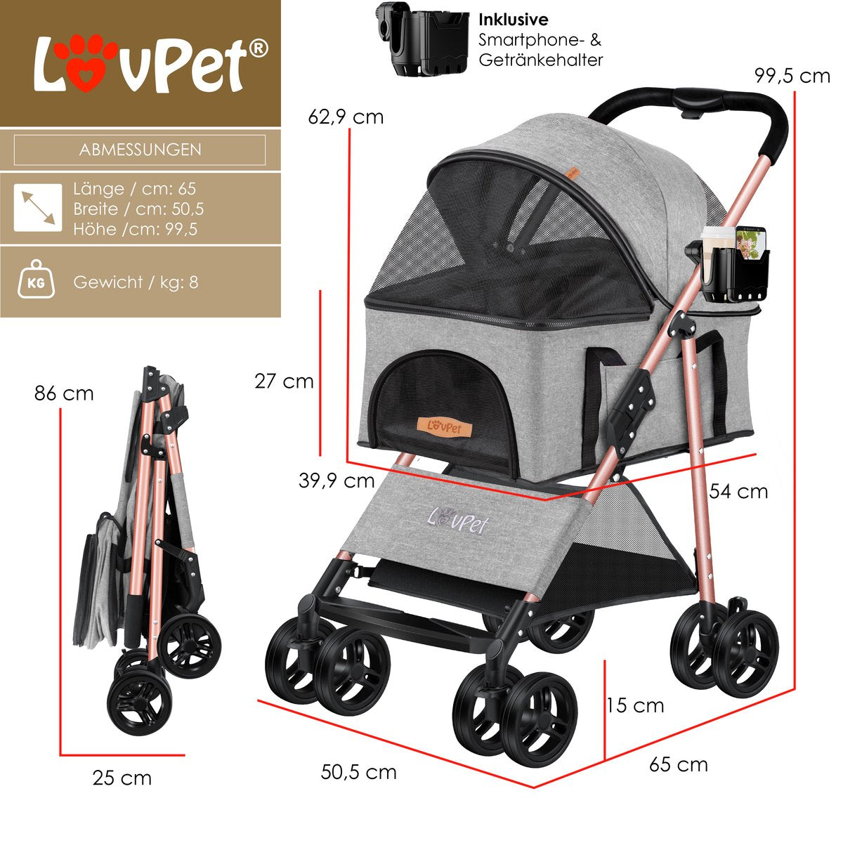 LOVPET® Hondenbuggy 2in1 Huisdieren - Wandelwagen - Lichtgrijs