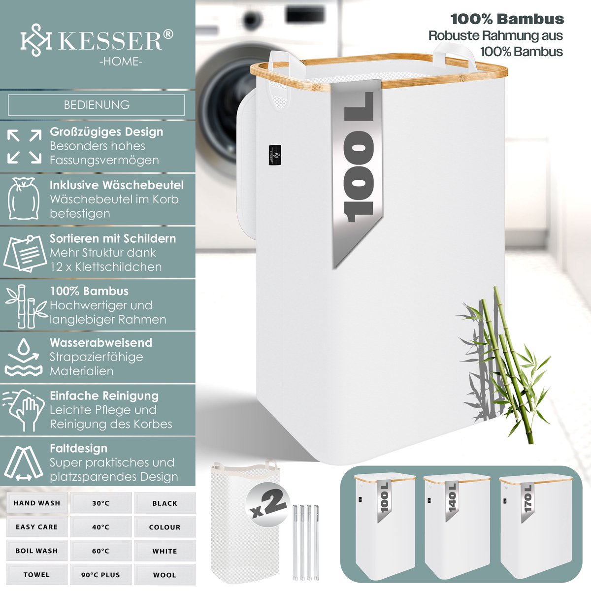 KESSER® Wasmand met Deksel - 100 Liter - Wit