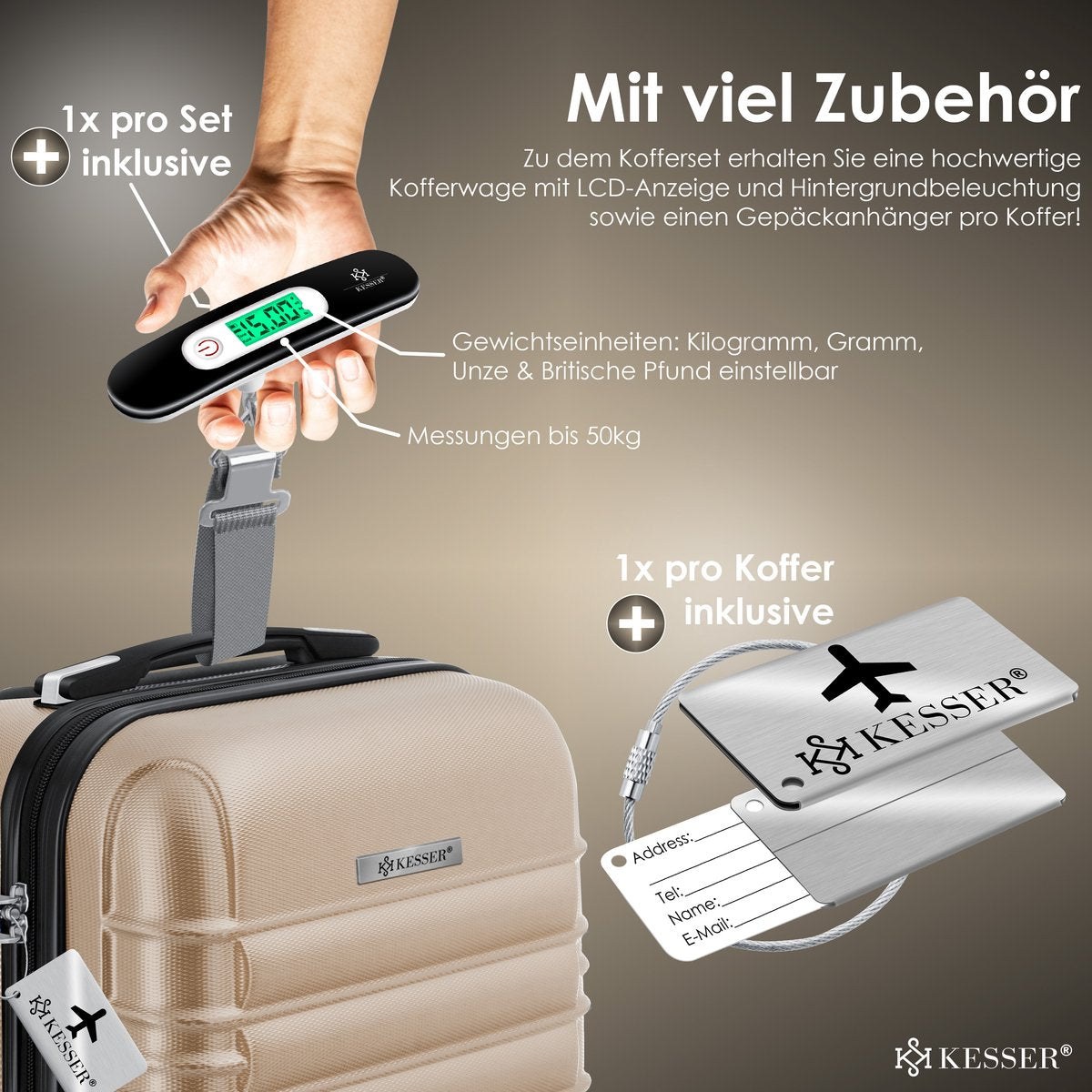 KESSER® Reiskofferset - 4-delig - ABS- Kofferset - Champagne