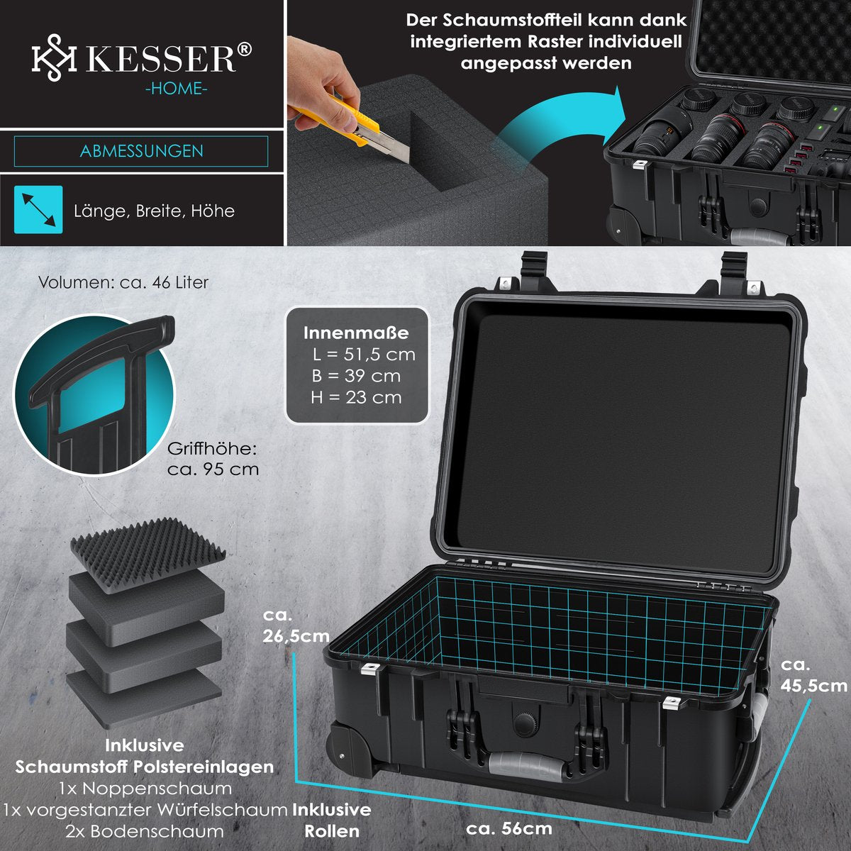 KESSER® Camera Koffer met Wielen - Weerbestendig - Zwart