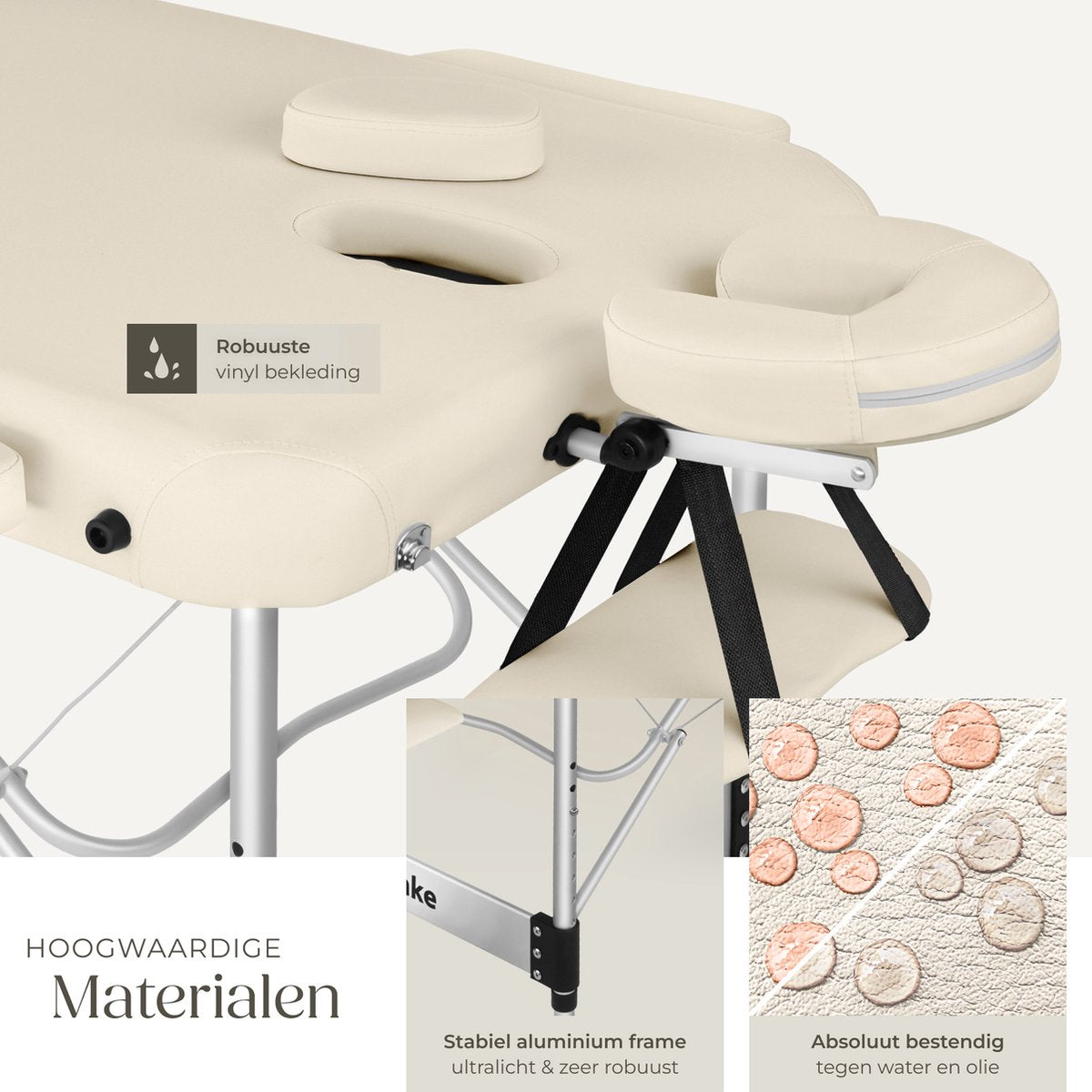tectake® 3-Zones Massagetafel – 78cm Breed – Behandelbank met 5cm Dikke Vulling en Aluminium Frame – Inclusief 15 Hoofdsteundoekjes en Draagtas – Max Draagvermogen 230kg – Beige