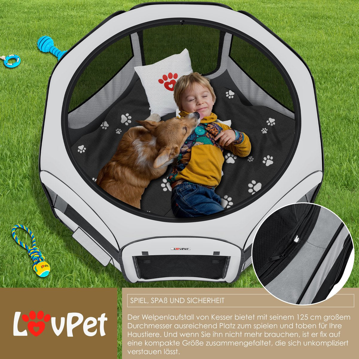 LOVPET® Puppyren voor Kleine Dieren Honden Katten - Opvouwbaar Hondenren inclusief kom en Haringen - Puppy Ren Pop-up Systeem Indoor & Outdoor Konijnenren - Lichtgrijs