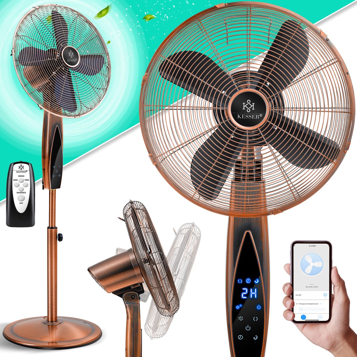 KESSER® Statiefventilator Metaal staande Ventilator met afstandsbediening APP Functie Wifi Timer - Oscillatiefunctie 80 graden 55W - 3 snelheidsniveaus In hoogte verstelbare stand - Koper