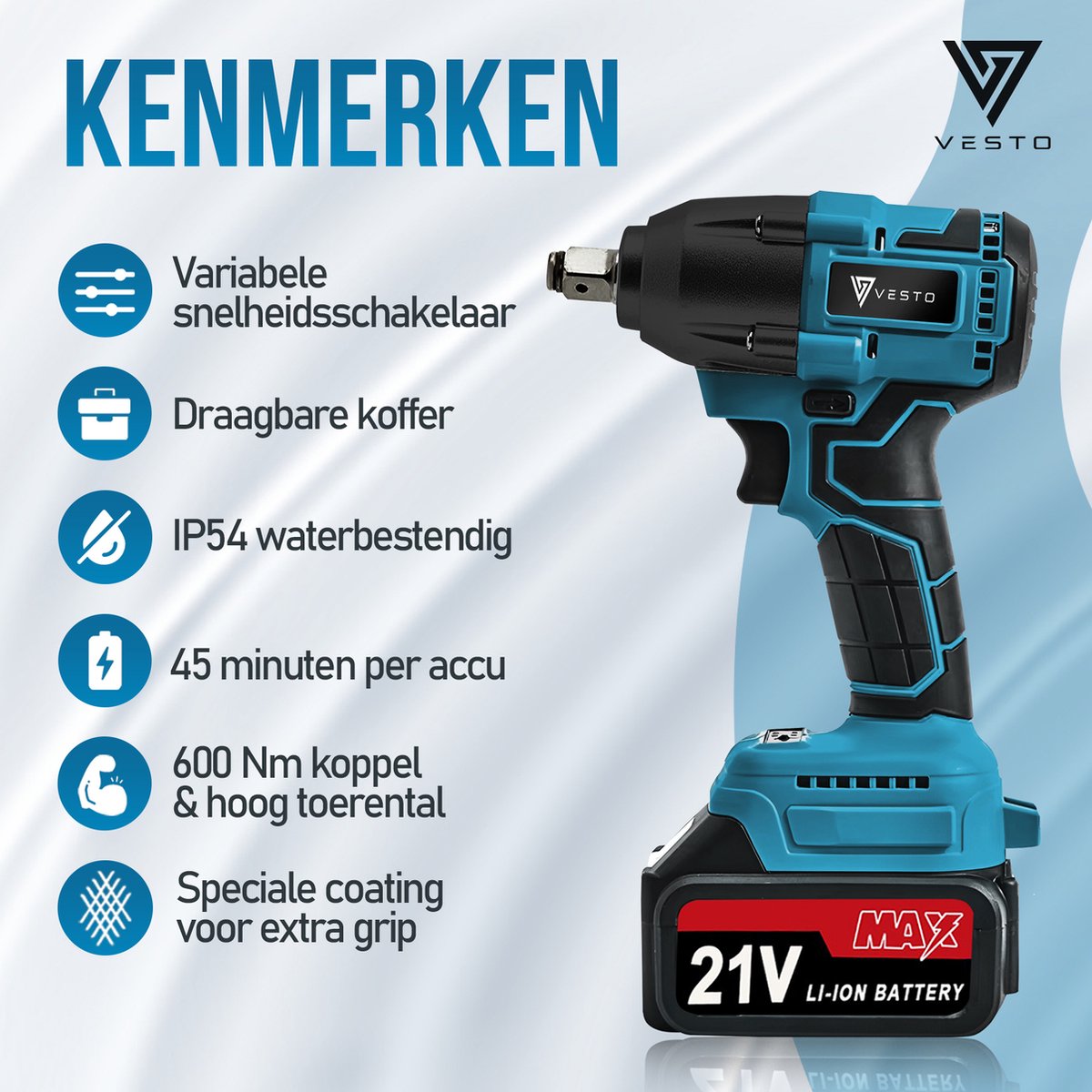 Vesto® Accu Slagmoersleutel 21V - incl. 6x Moerdoppen, Bitadapter, Borging en 2x Accu - 600Nm - Slagmoersleutelset - Slagmoersleutel met accu - Elektrisch - Slagschroevendraaier - Wieldoppen