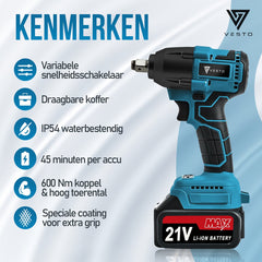 Vesto® Accu Slagmoersleutel 21V - incl. 6x Moerdoppen, Bitadapter, Borging en 2x Accu - 600Nm - Slagmoersleutelset - Slagmoersleutel met accu - Elektrisch - Slagschroevendraaier - Wieldoppen
