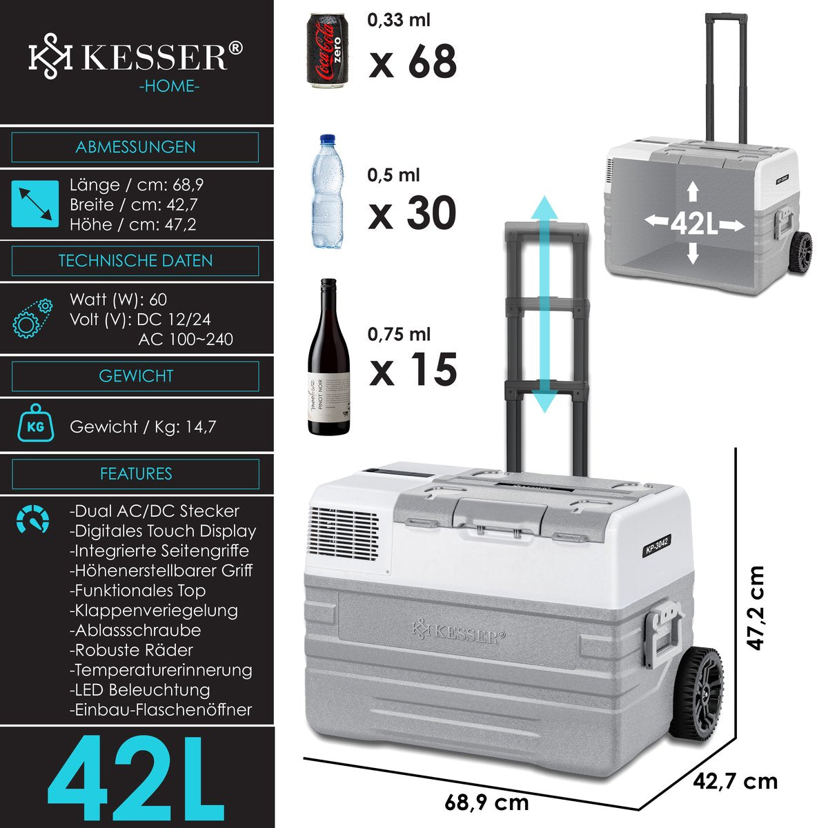 KESSER® Elektrische Koelbox - Compressor - tot -20°C - 42L - Grijs