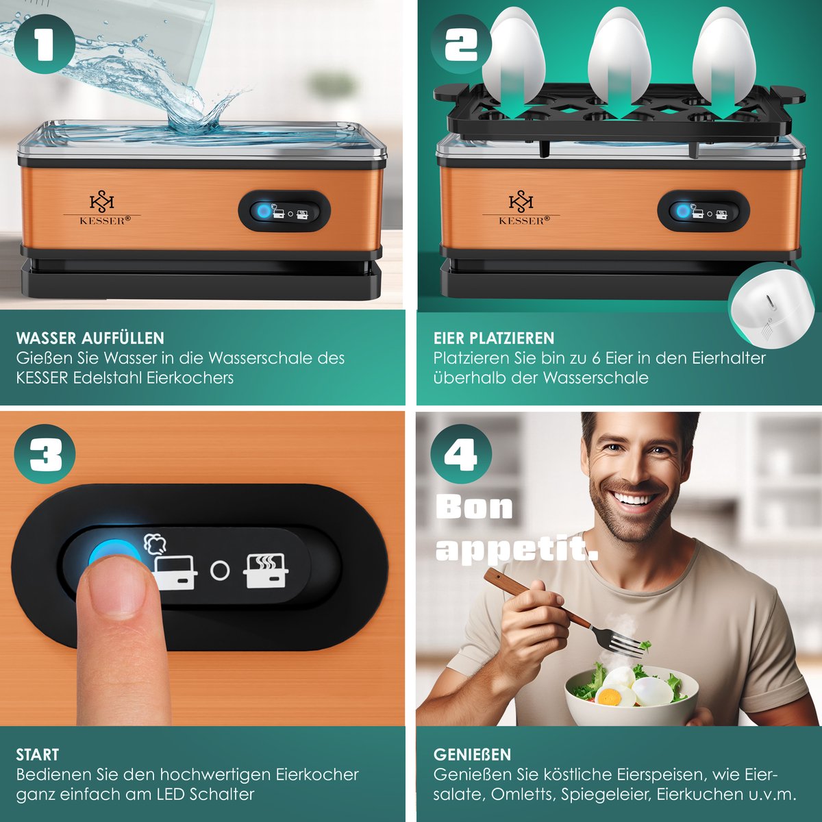 KESSER® Eierkoker electrisch voor 6 Eieren | Elektrische Eierkoker 400W van roestvrij staal met Timer en Maatbeker & 2x kom voor omelet BPA-vrij - Zwart / Koper •