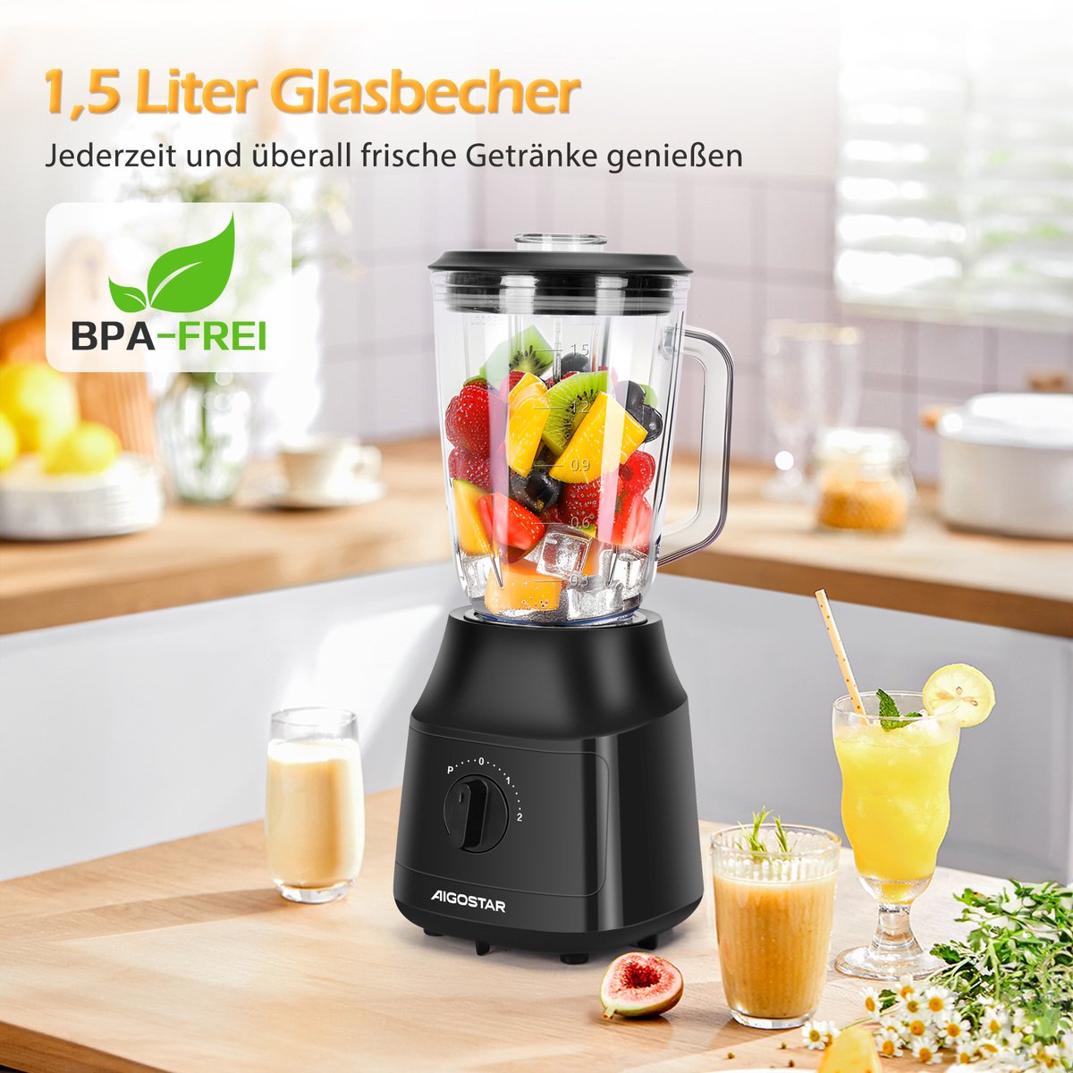 Blender - Smoothie Maker - Glazen kan - 1,5L - 800W - Zwart - Aigostar