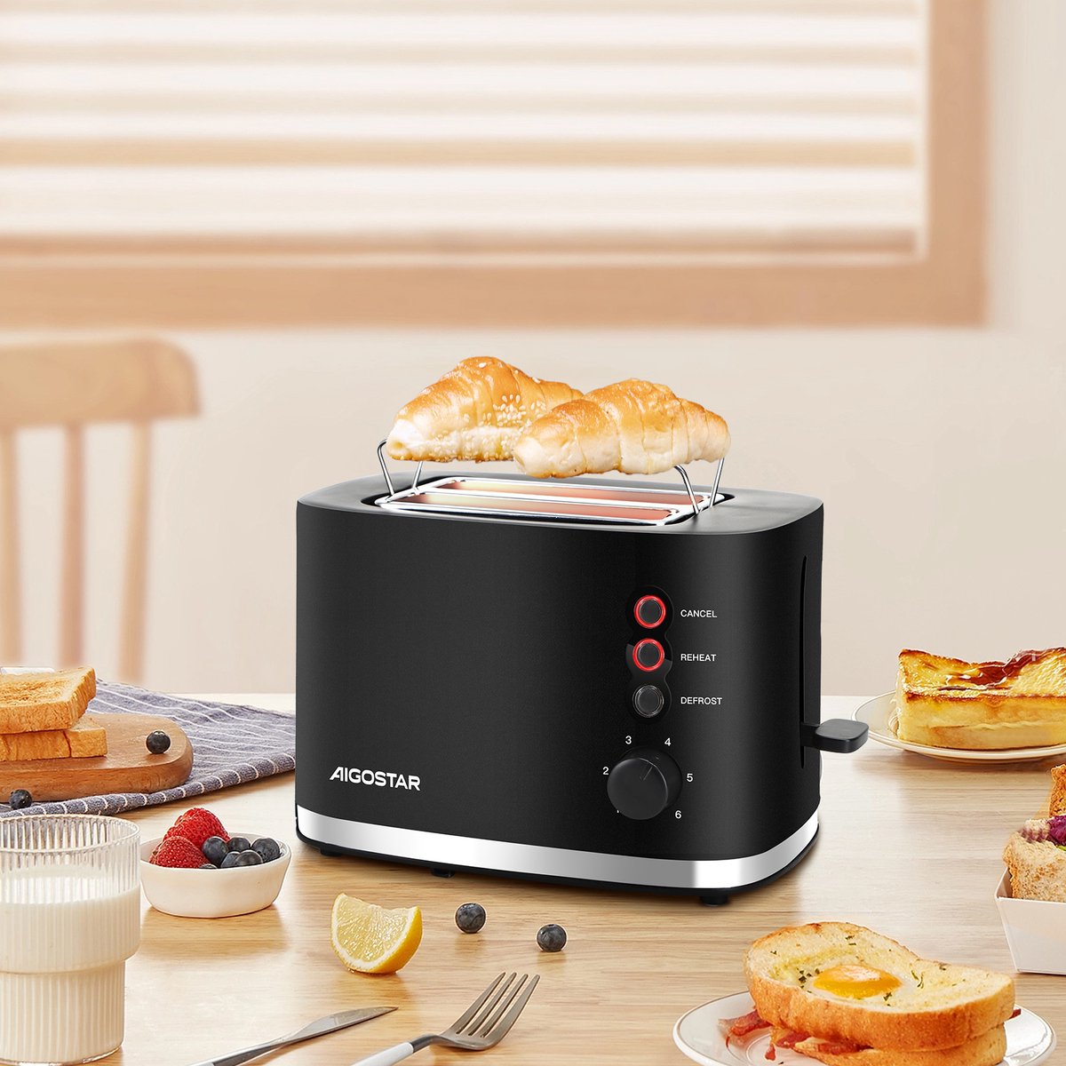 Aigostar 30J4R - Broodrooster - Retro - Toaster - 6 Warmteniveaus - 2 Extra Brede Sleuven - 800W - Zwart