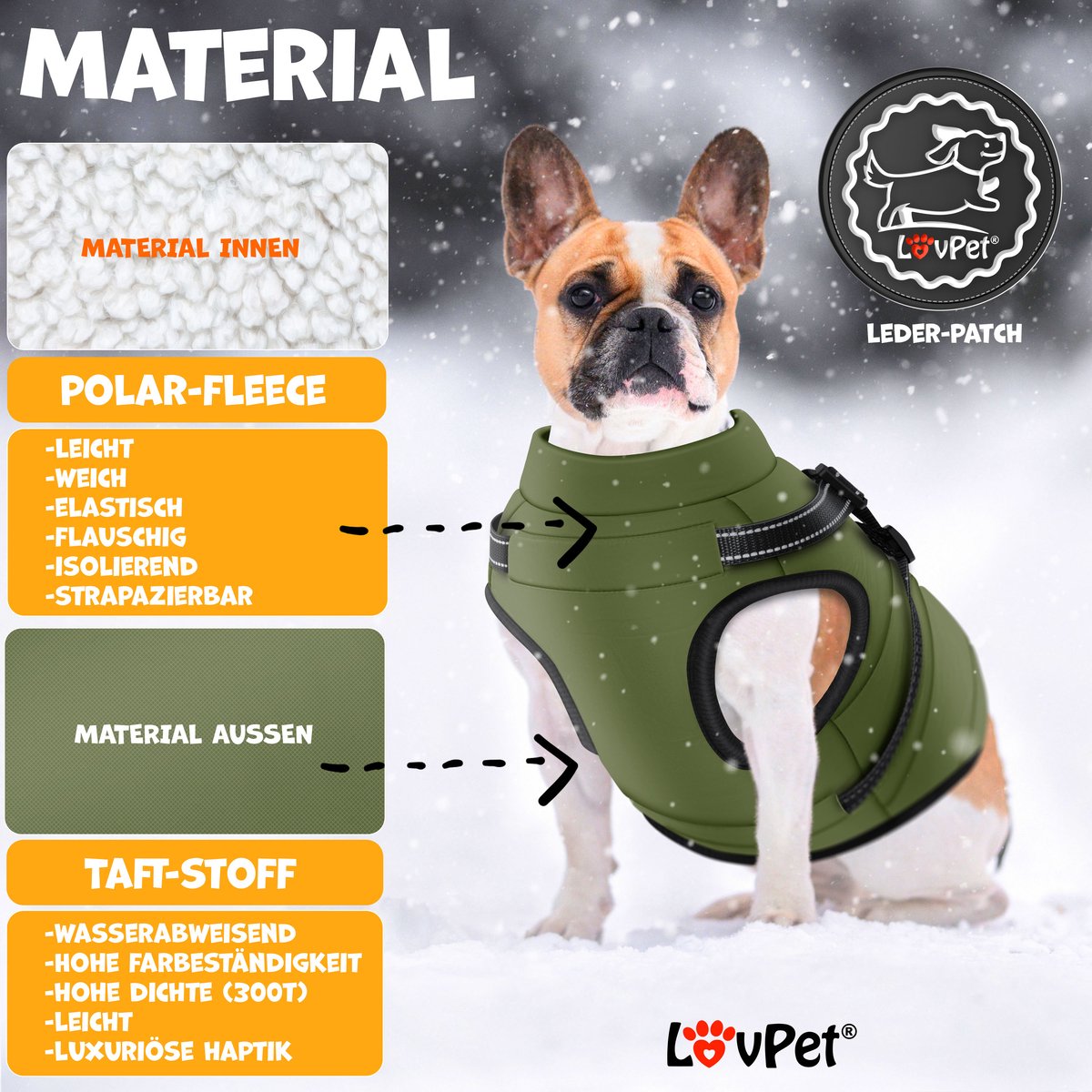 LOVPET® Hondenjas Hondenvacht met Harnas Waterafstotend, incl. 45 Stuks Poepzak + Dispenser, Winter Vest Hond Waterdicht Gevoerd, Gewatteerd Vest Met Borstband, Reflectoren, D-Ring - Khaki / L